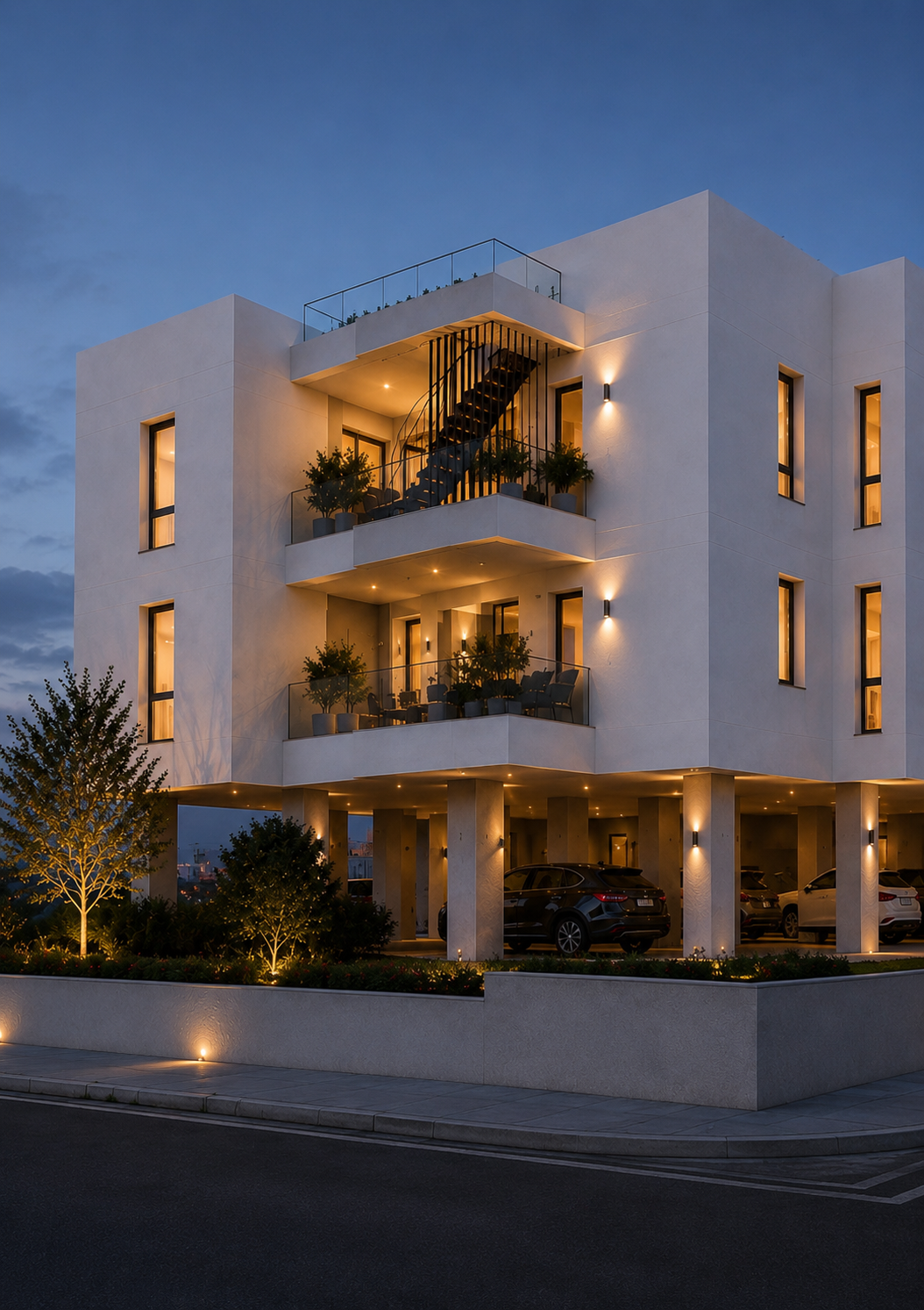 Damair building exterior at night