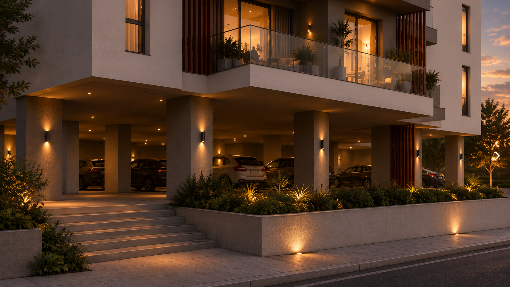 Entrance and covered parking with landscape lighting