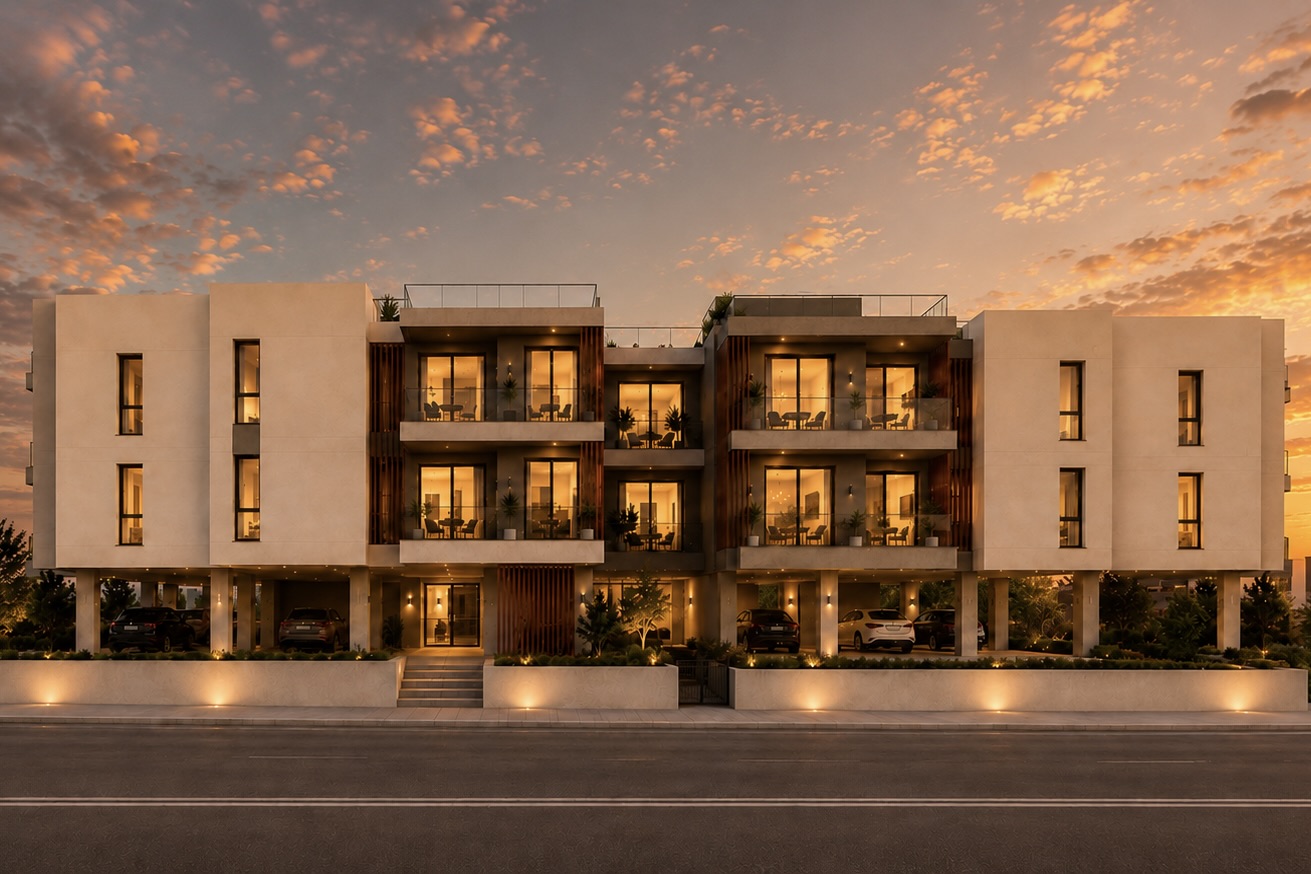 Damair building front elevation at sunset