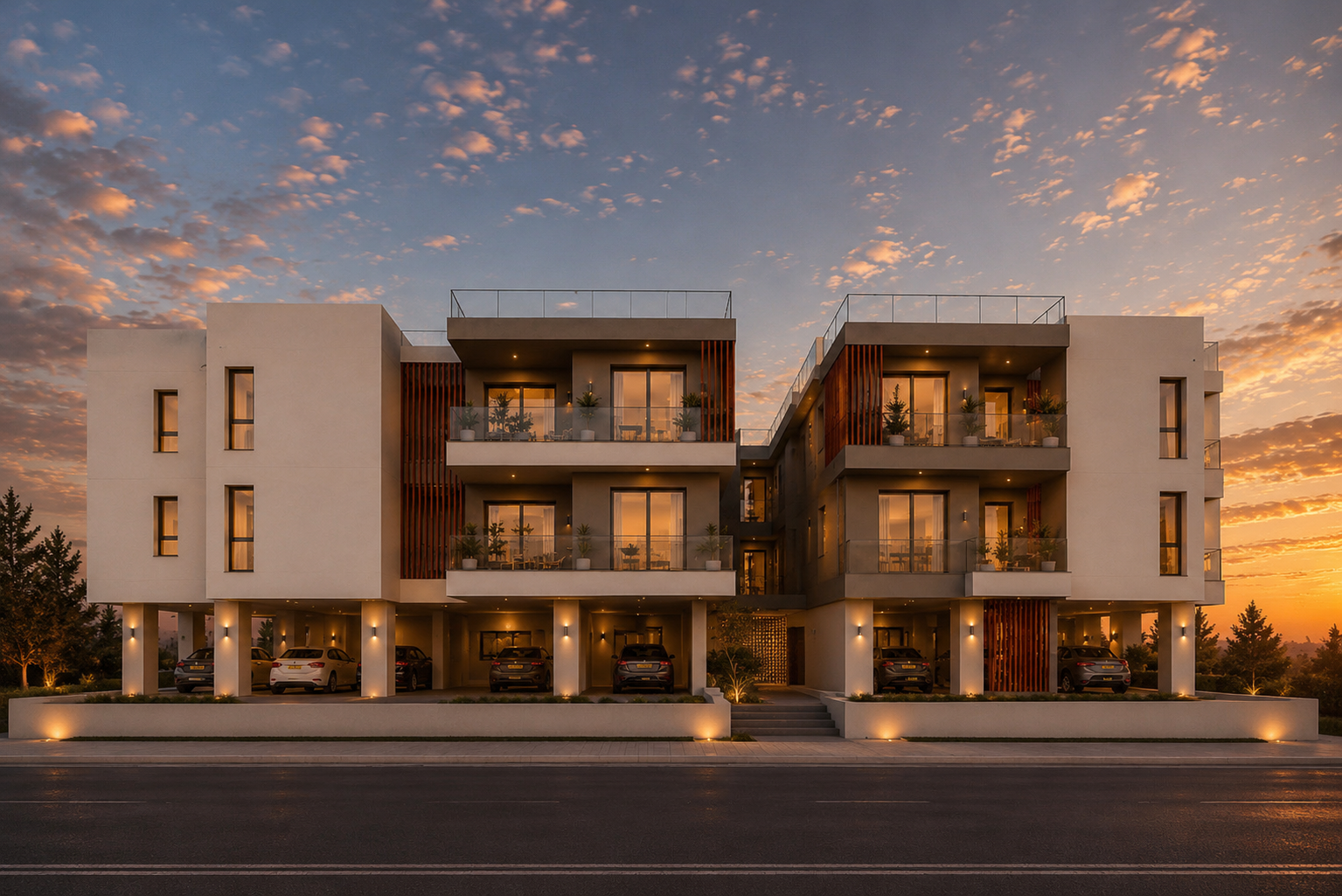 Damair building front elevation at sunset