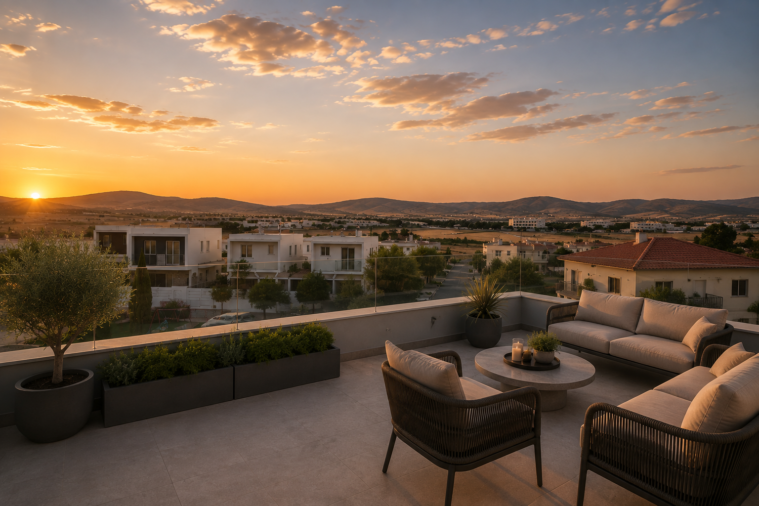 Rooftop terrace with sunset view over Oroklini