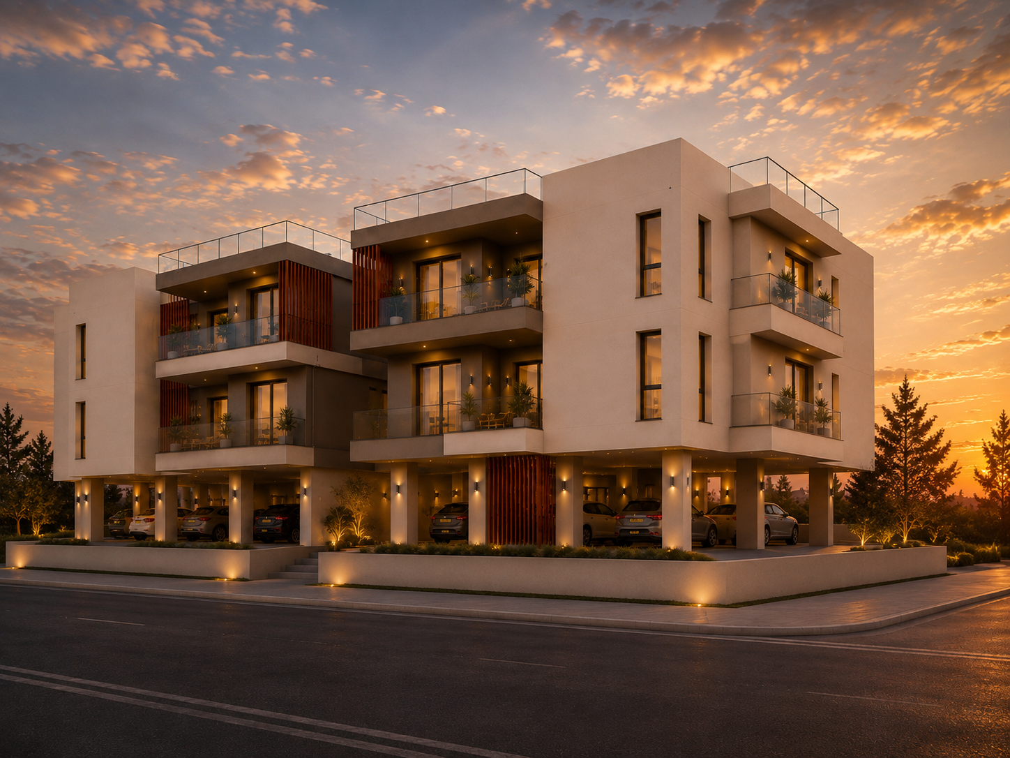 Damair building corner view at sunset