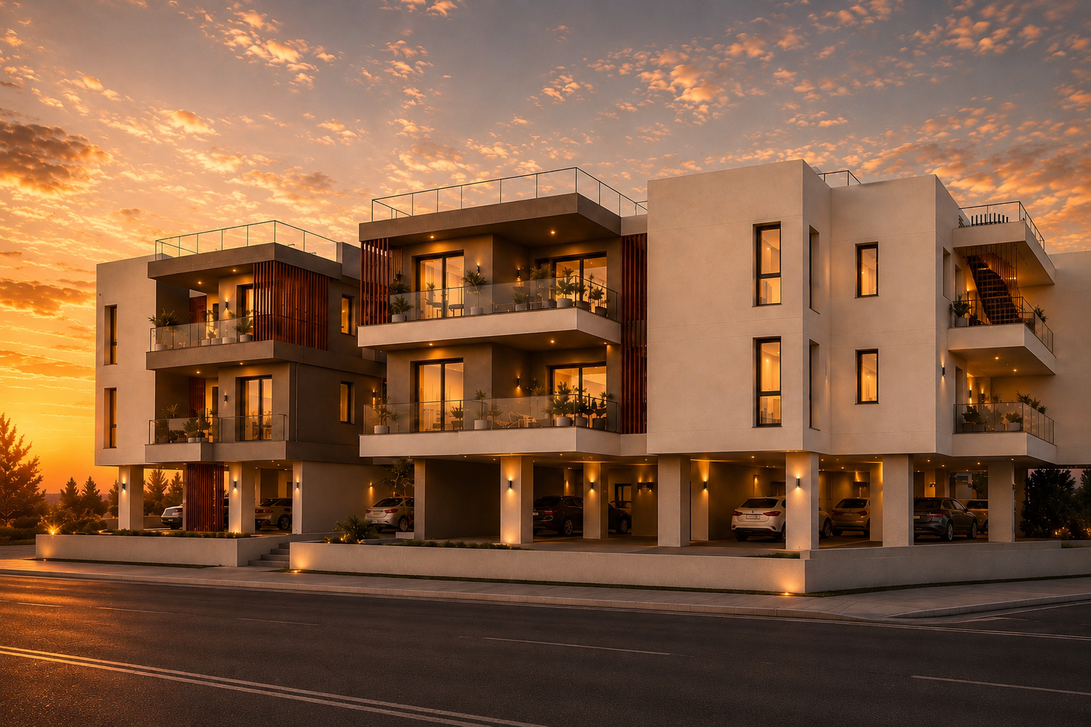 Damair building corner view at sunset